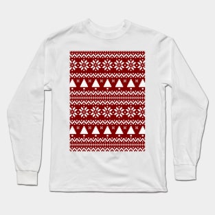 Dark Christmas Candy Apple Red Nordic Trees Stripe in White Long Sleeve T-Shirt